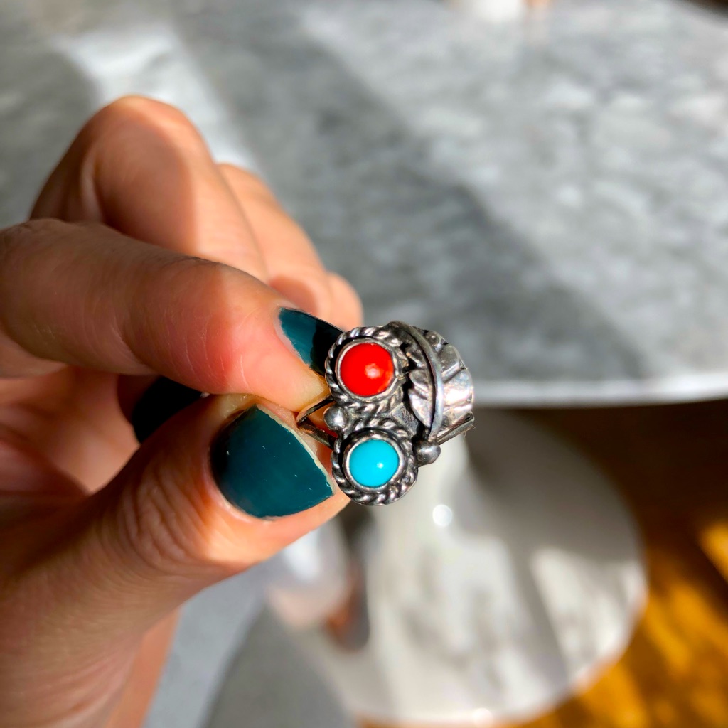 Southwest Turquoise And Coral Silver Ring 41$